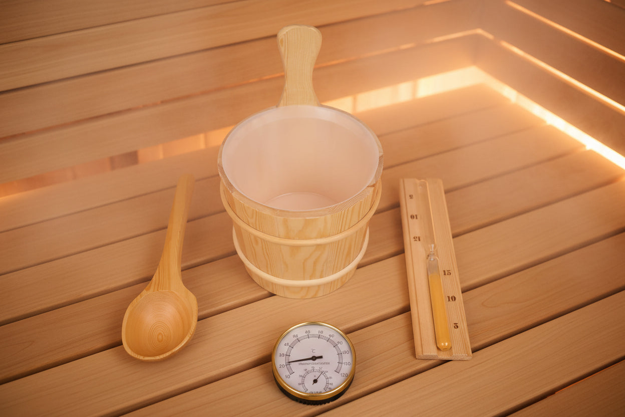Premium 5-Piece Sauna Accessory Set – Complete Ritual Kit with Bucket, Ladle, Hourglass & Thermo-Hygrometer